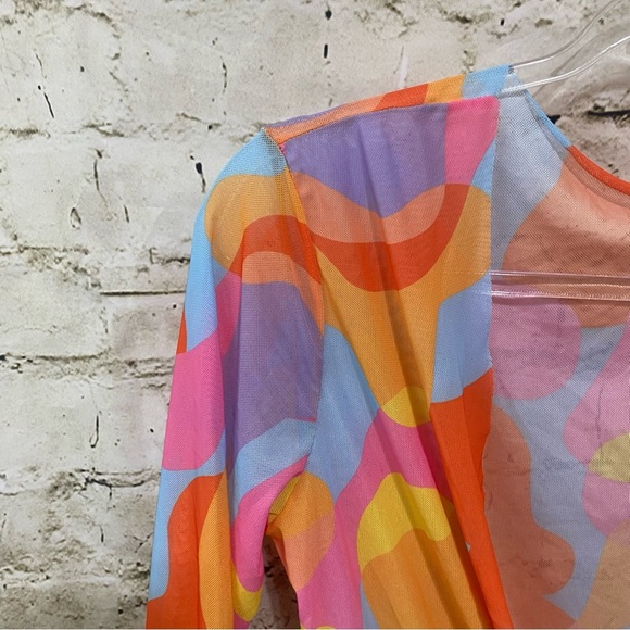 SHEIN Orange Pink Retro Sheer Mesh Swim Coverup Romper - Picture 2 of 6